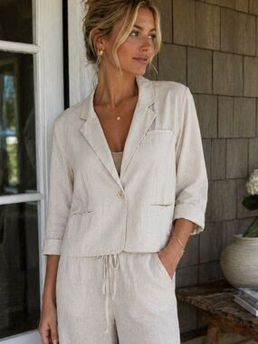 Neutral Linen Blend Cropped Blazer Jacket Minimalist Coastal Chic 22/24W
